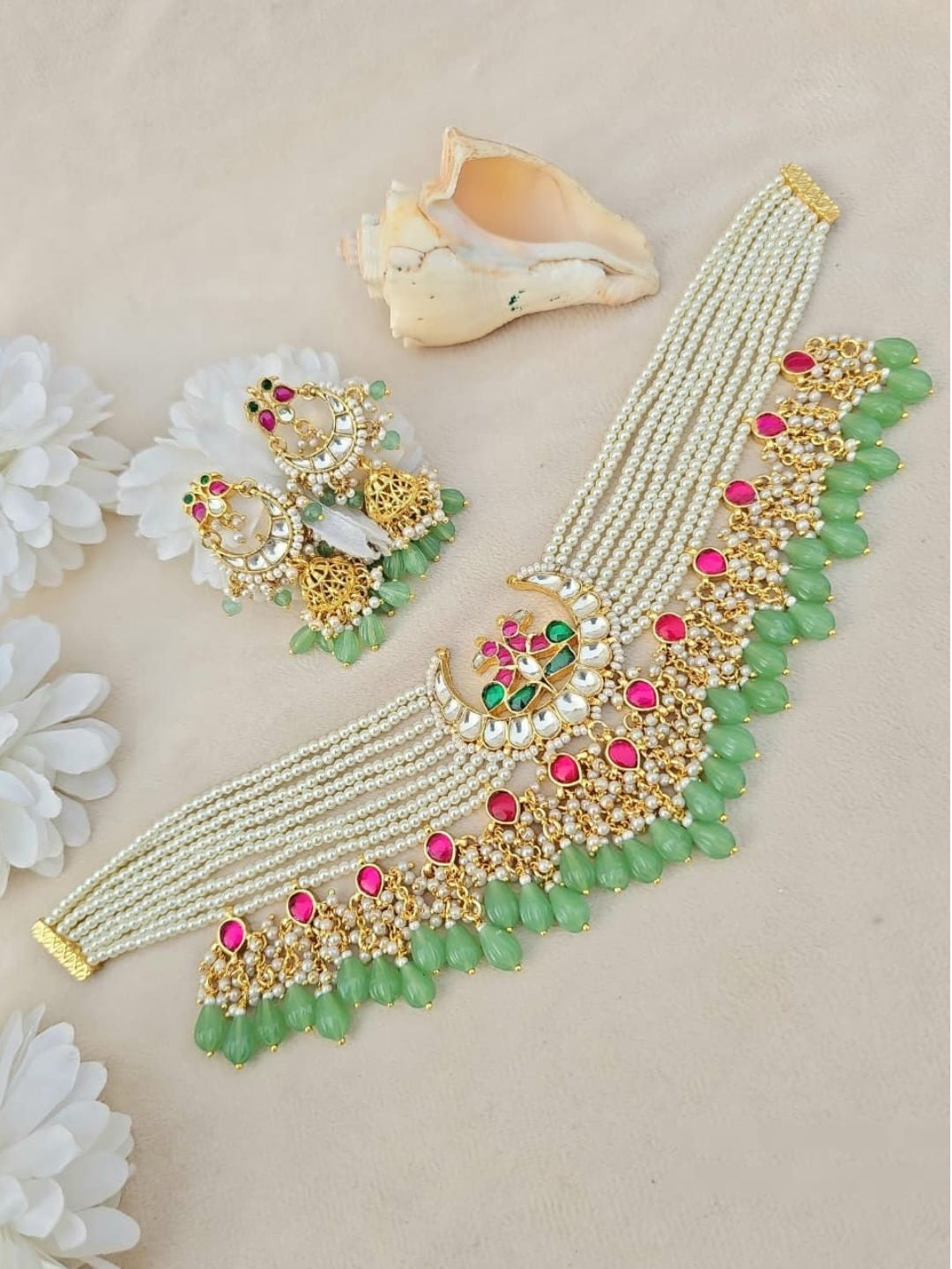Ishhaara Pastel Green Kundan Pearl Choker & Earring Set