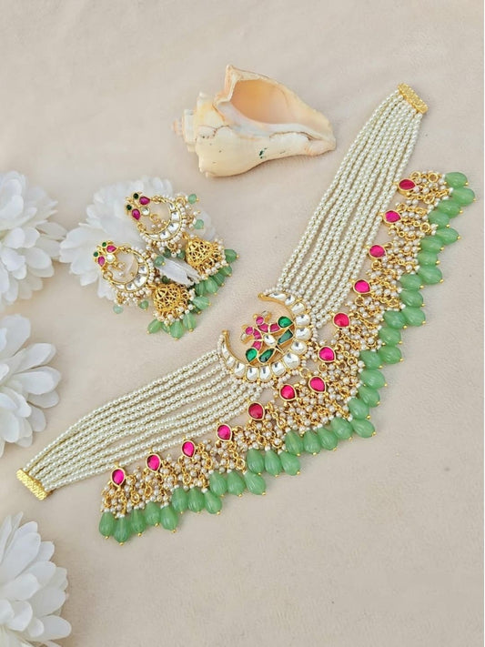Ishhaara Pastel Green Kundan Pearl Choker & Earring Set