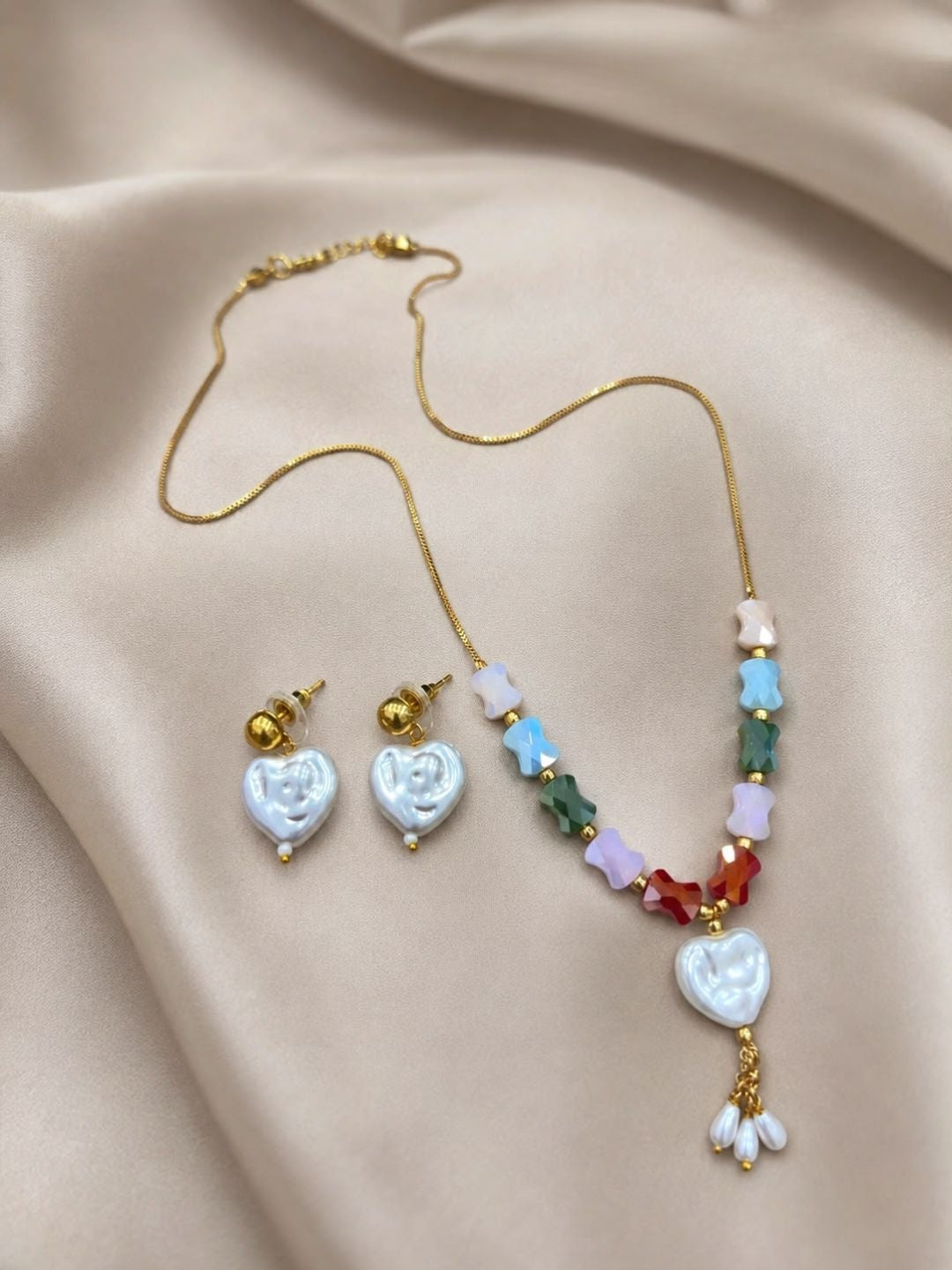 Ishhaara Pastel Heart Charm Beaded Necklace & Earring Set