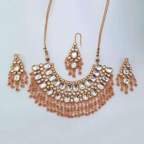 Ishhaara Peach Big Kundan Semi Circular Necklace Earring And Teeka Set