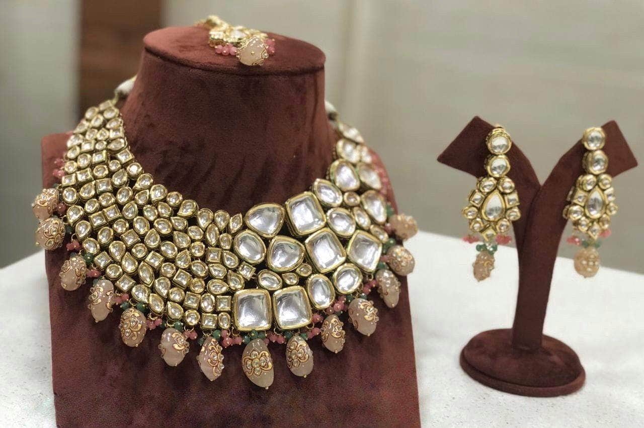 Ishhaara Peach Big Kundan Semi Precious Bridal Necklace
