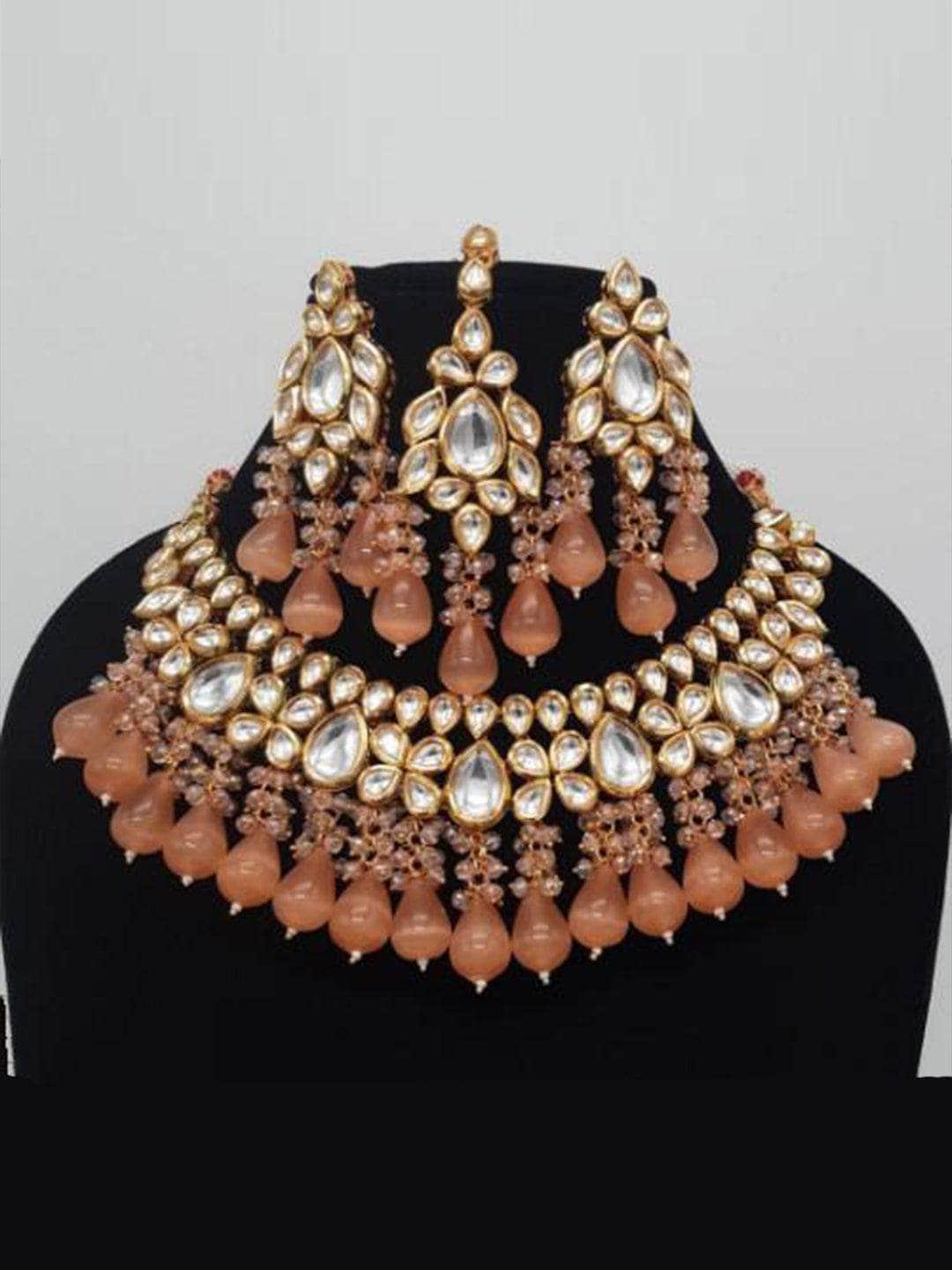 Ishhaara Drop Kundan Coral Necklace Earring And Teeka Set