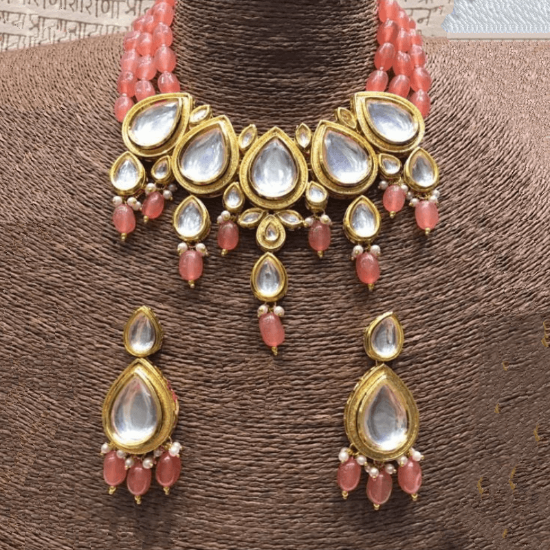 Ishhaara Peach Drop Meena Kundan Beads Necklace