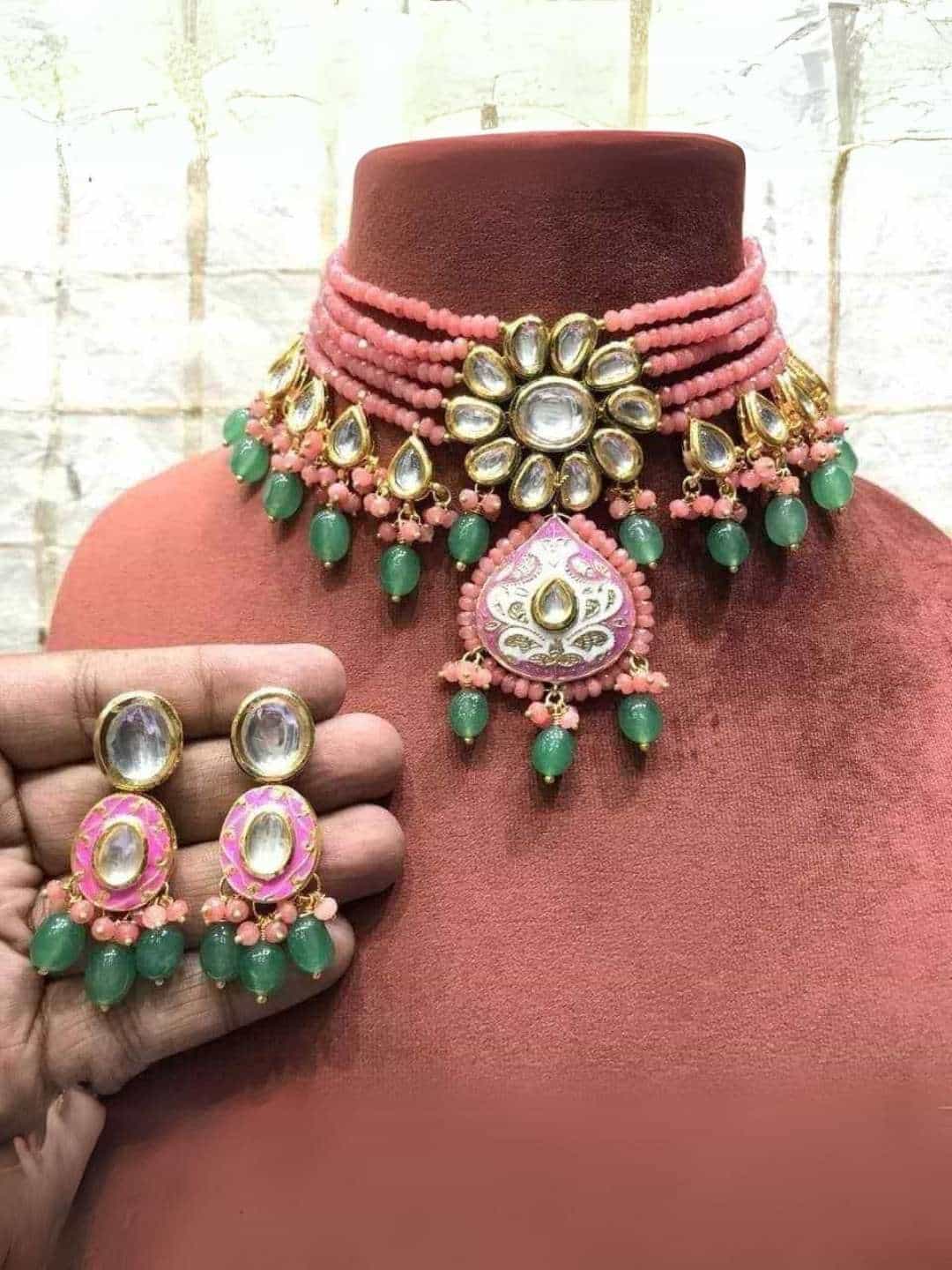 Ishhaara Peach Kundan Patch Choker With Handpainted Pendant