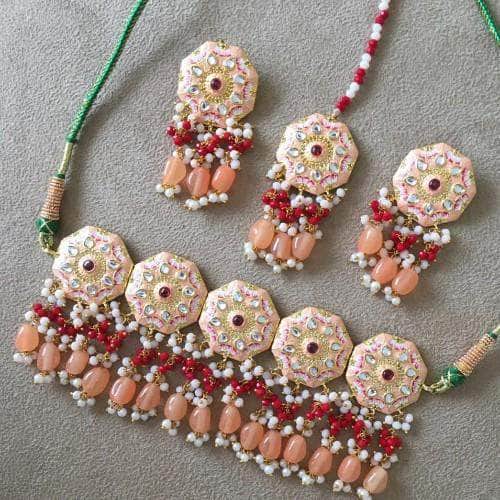 Ishhaara Peach Meena Round Colored Choker Earring And Teeka Set