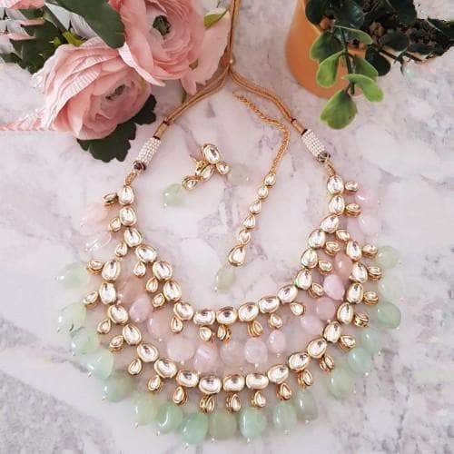 Ishhaara Peach Mint Green Layered Necklace Set