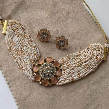 Ishhaara Moti Colored Round Patch Choker And Earring Set