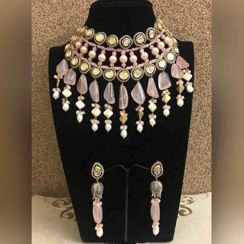 Ishhaara Peach Multi Layered Kundan Moti Stone Necklace