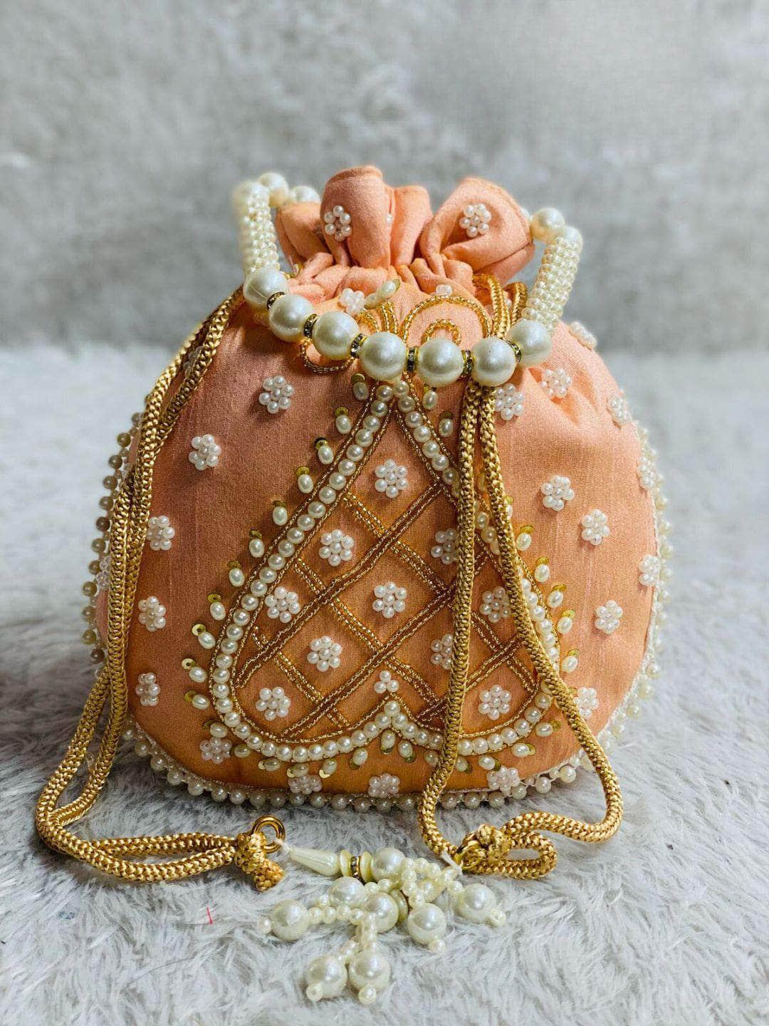 Ishhaara Peach Pearl Beaded Potli Bags