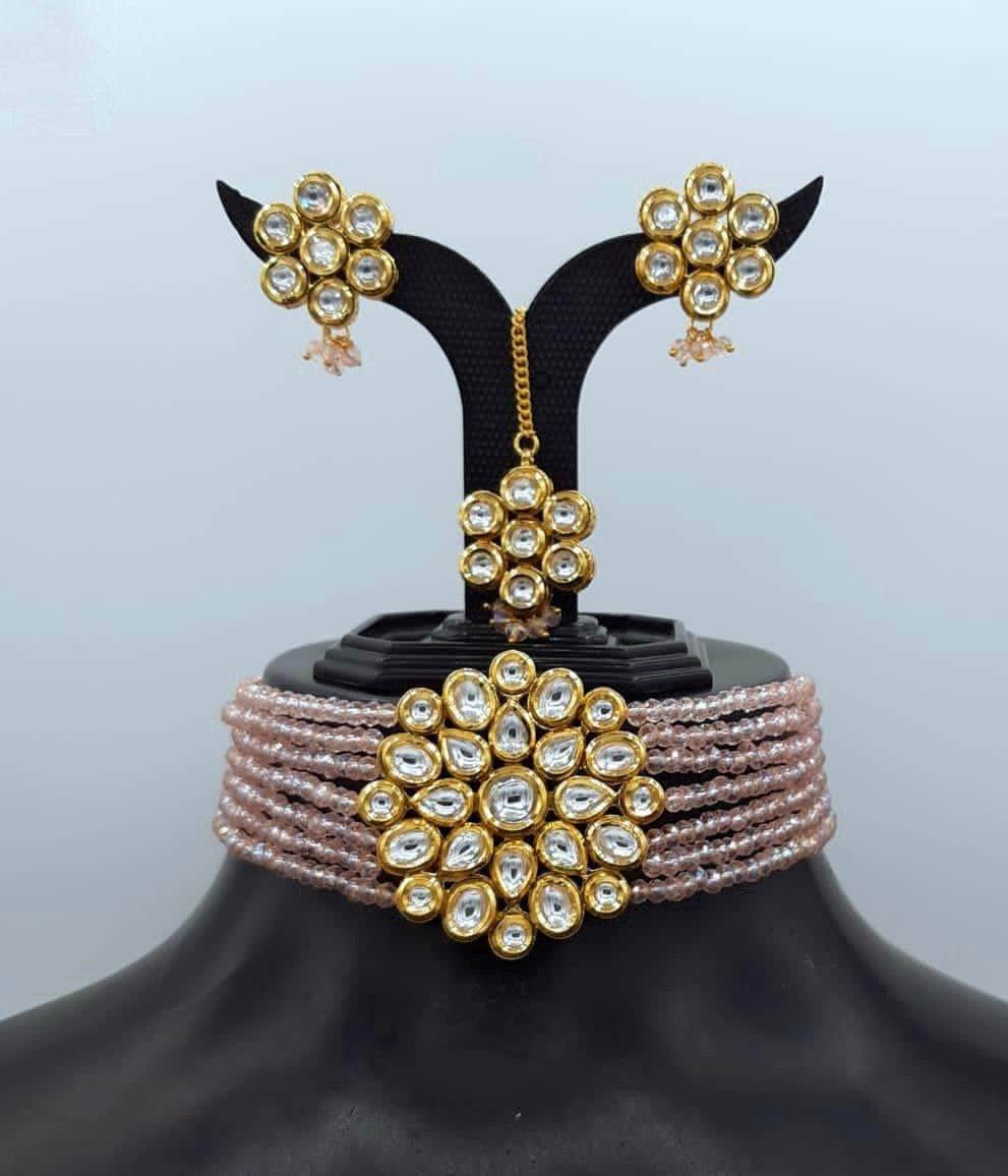 Ishhaara Peach Round Kundan Patch Choker Necklace Set