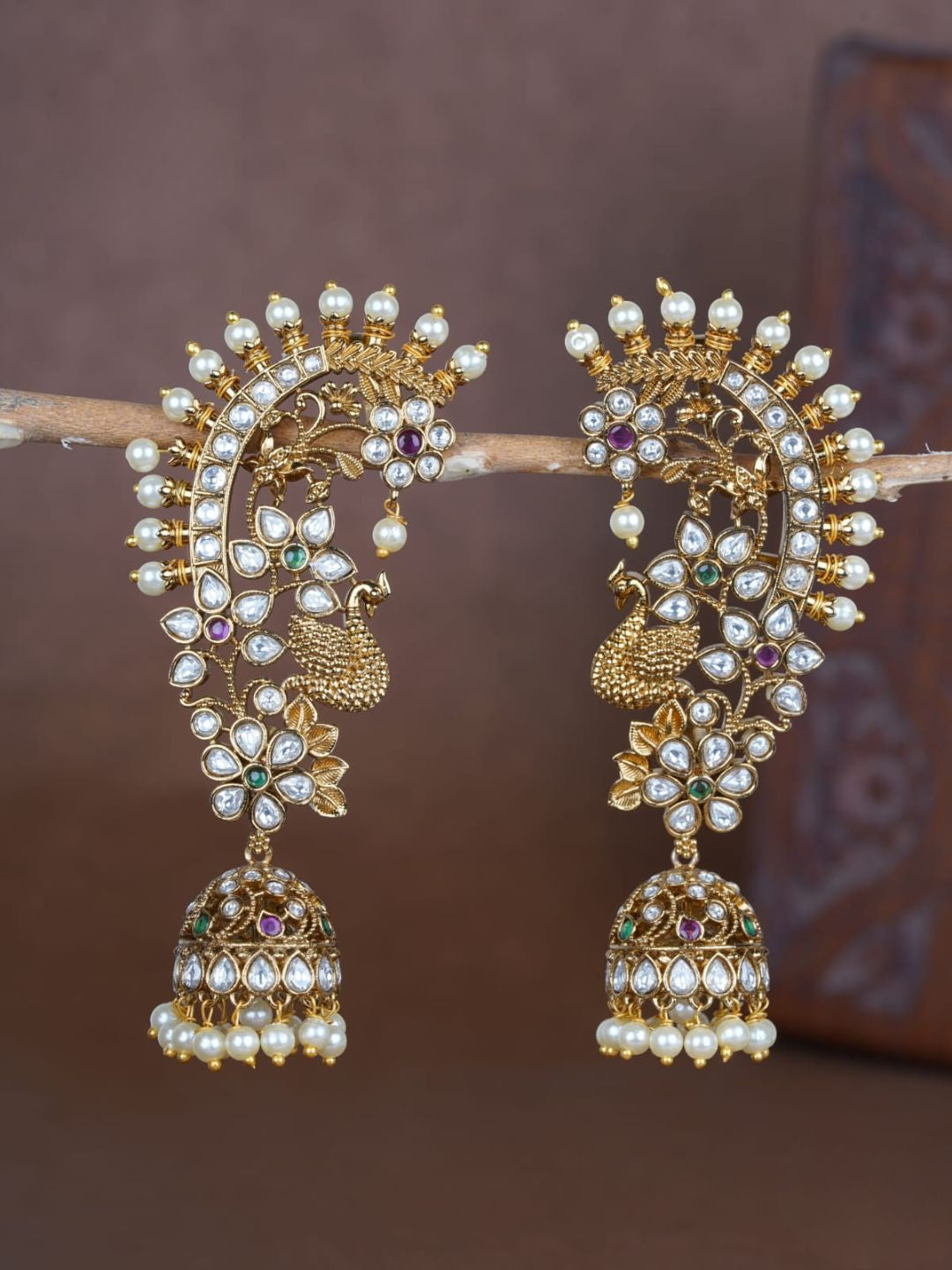 Ishhaara Peacock And Flower Design Earcuffs