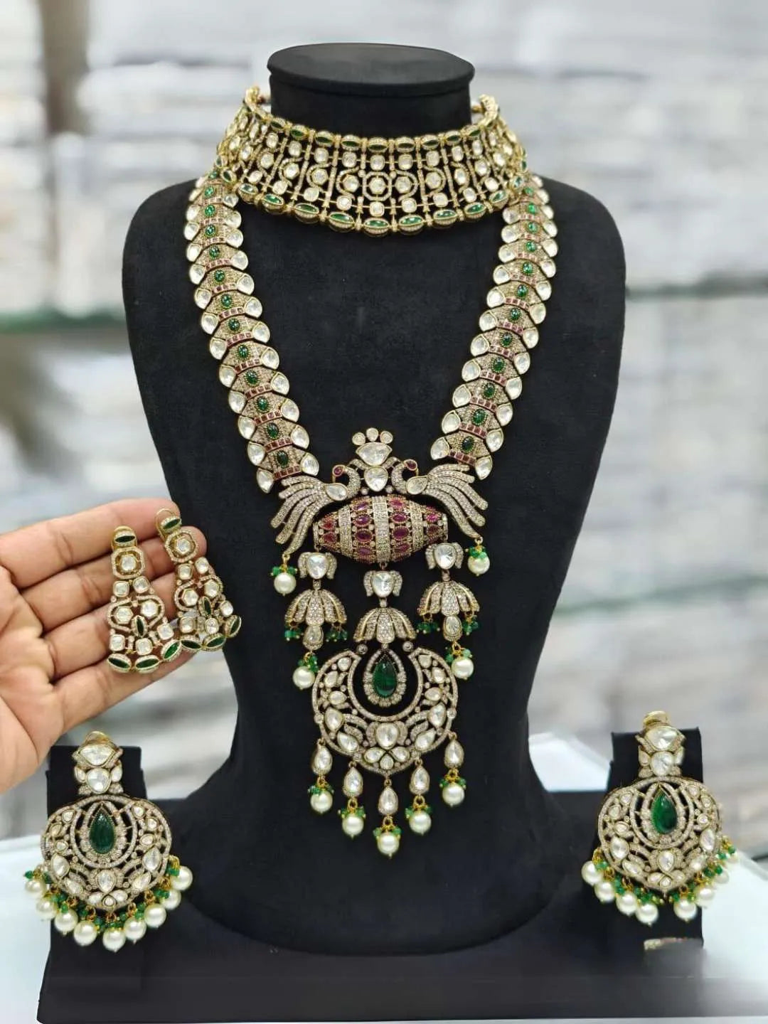 Ishhaara Peacock Designed Kundan Polki Bridal Necklace Set