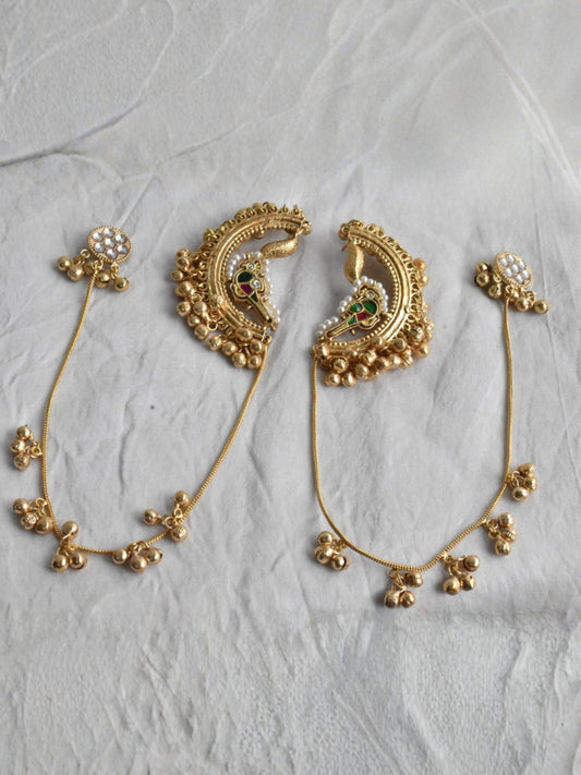 Ishhaara Peacock Ear Cuff Earrings With Kanchains