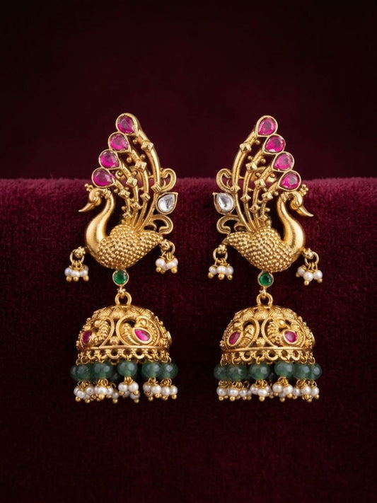 Ishhaara Peacock Kemp Stone Jhumka Earrings