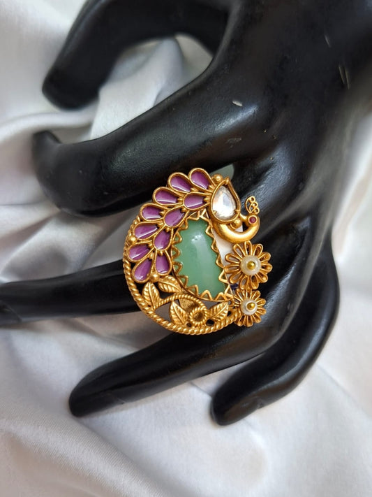 Ishhaara Peacock Motif Green Studded Gold Ring