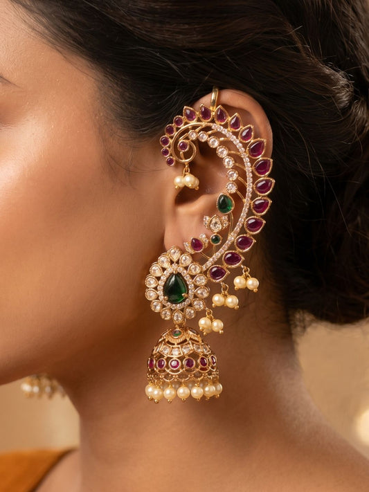 Ishhaara Peacock Red And Green Stone Earcuff Jhumka