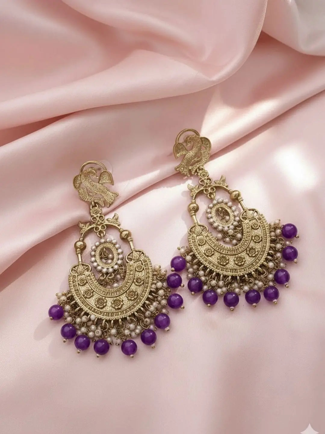 Ishhaara Peacock Shaped Stones And Beads Chandbalis