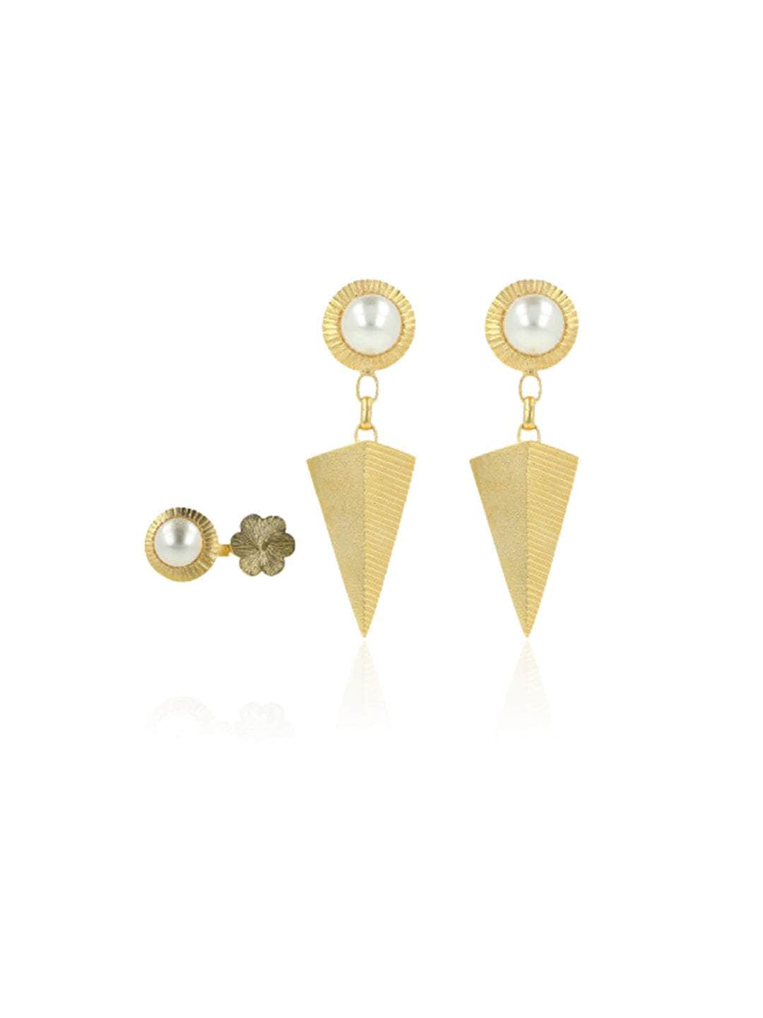 Ishhaara Pear Textured Inverted Triangle Drop Earrings And Ring