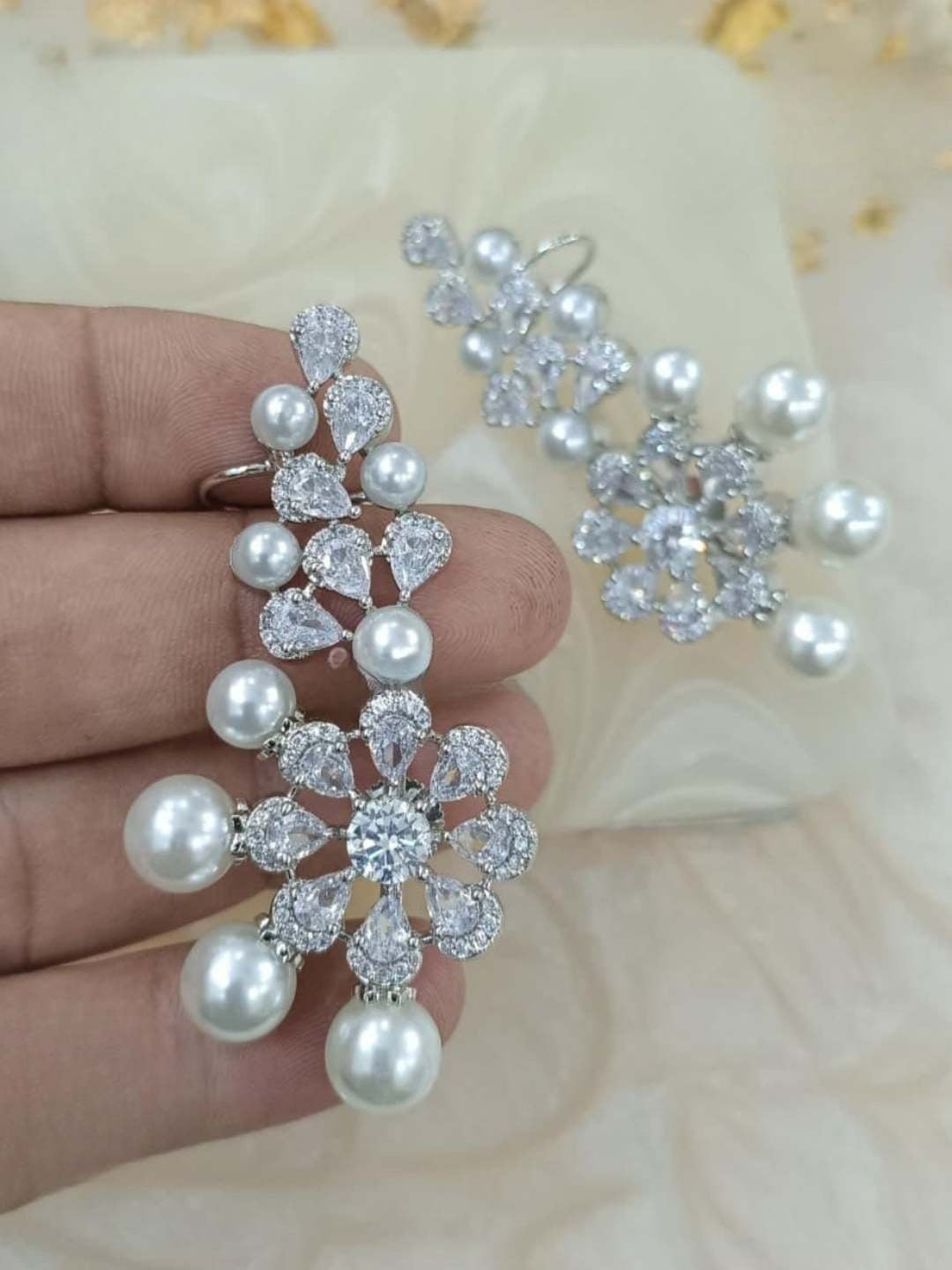 Ishhaara Pearl And Crystal Floral Ear Cuff Earrings