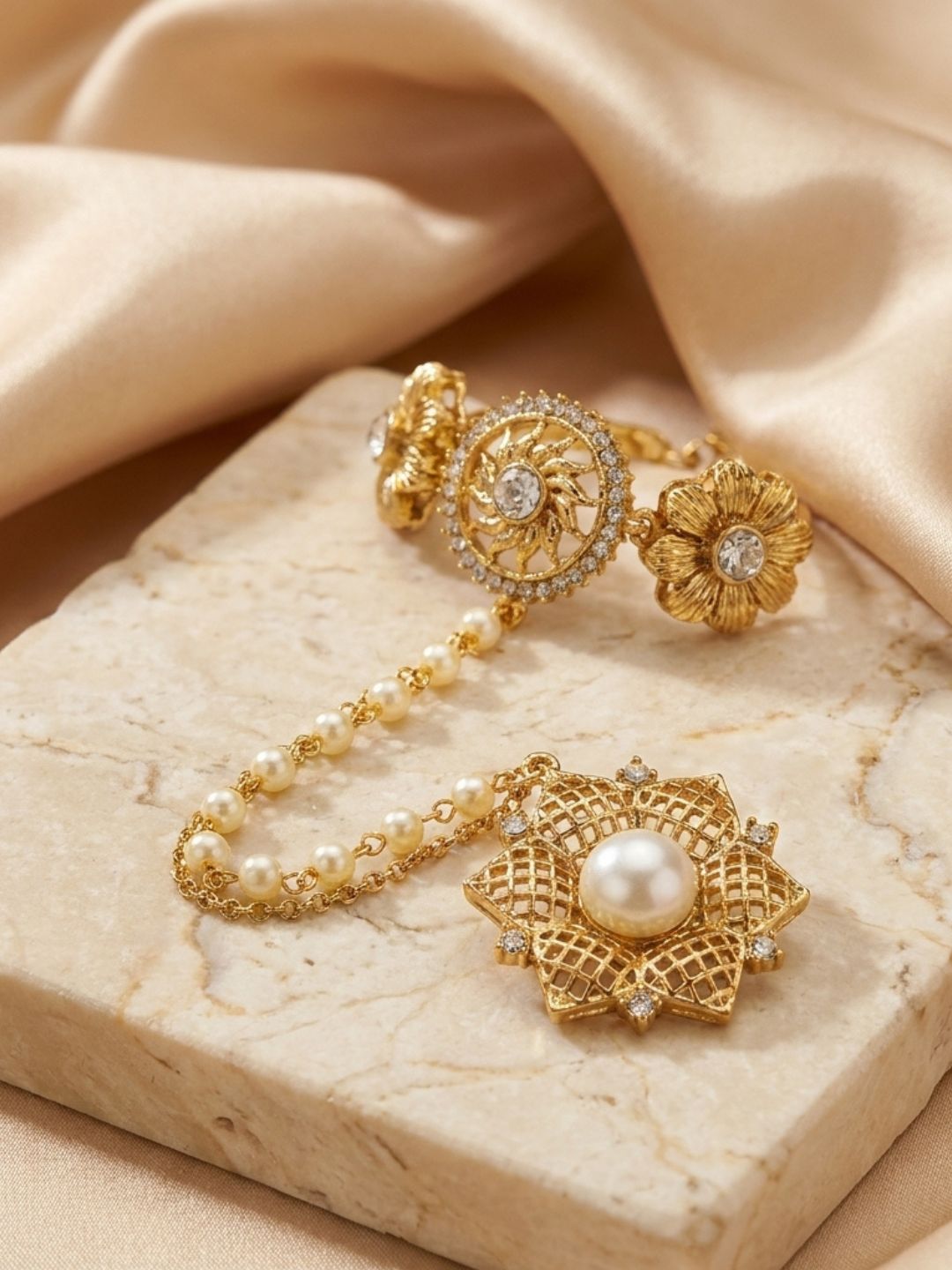 Ishhaara Pearl Beaded Floral Hand Harness