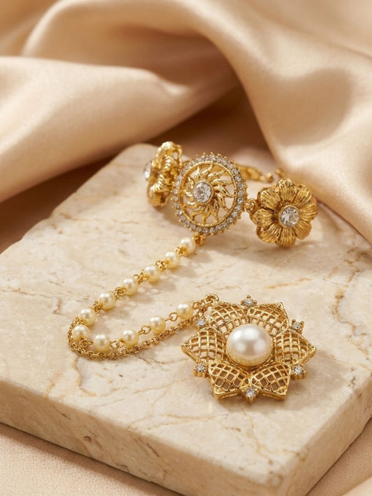 Ishhaara Pearl Beaded Floral Hand Harness