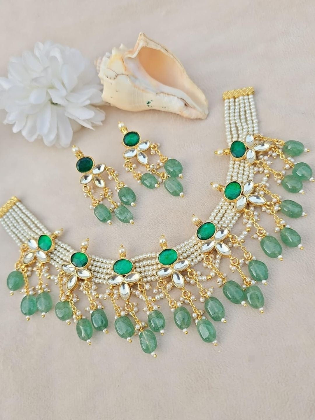 Ishhaara Pearl Choker with Emerald Flowers & Mint Bead Drops