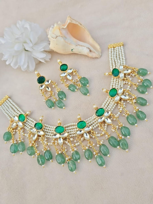 Ishhaara Pearl Choker with Emerald Flowers & Mint Bead Drops