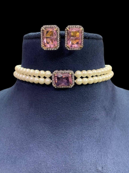 Ishhaara Pearl Crystal Pink Stone Choker