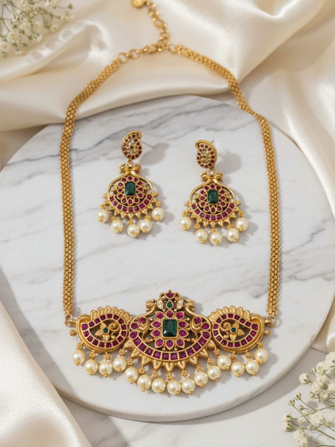 Ishhaara Pearl Drop Matte Finish Stone Choker Necklace