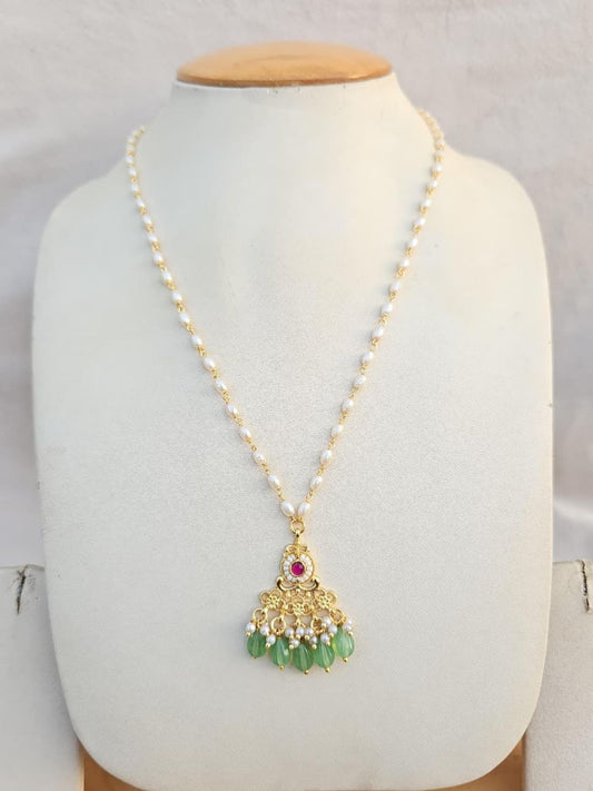 Ishhaara Pearl Green Pendant Necklace - handcrafted Indian jewellery
