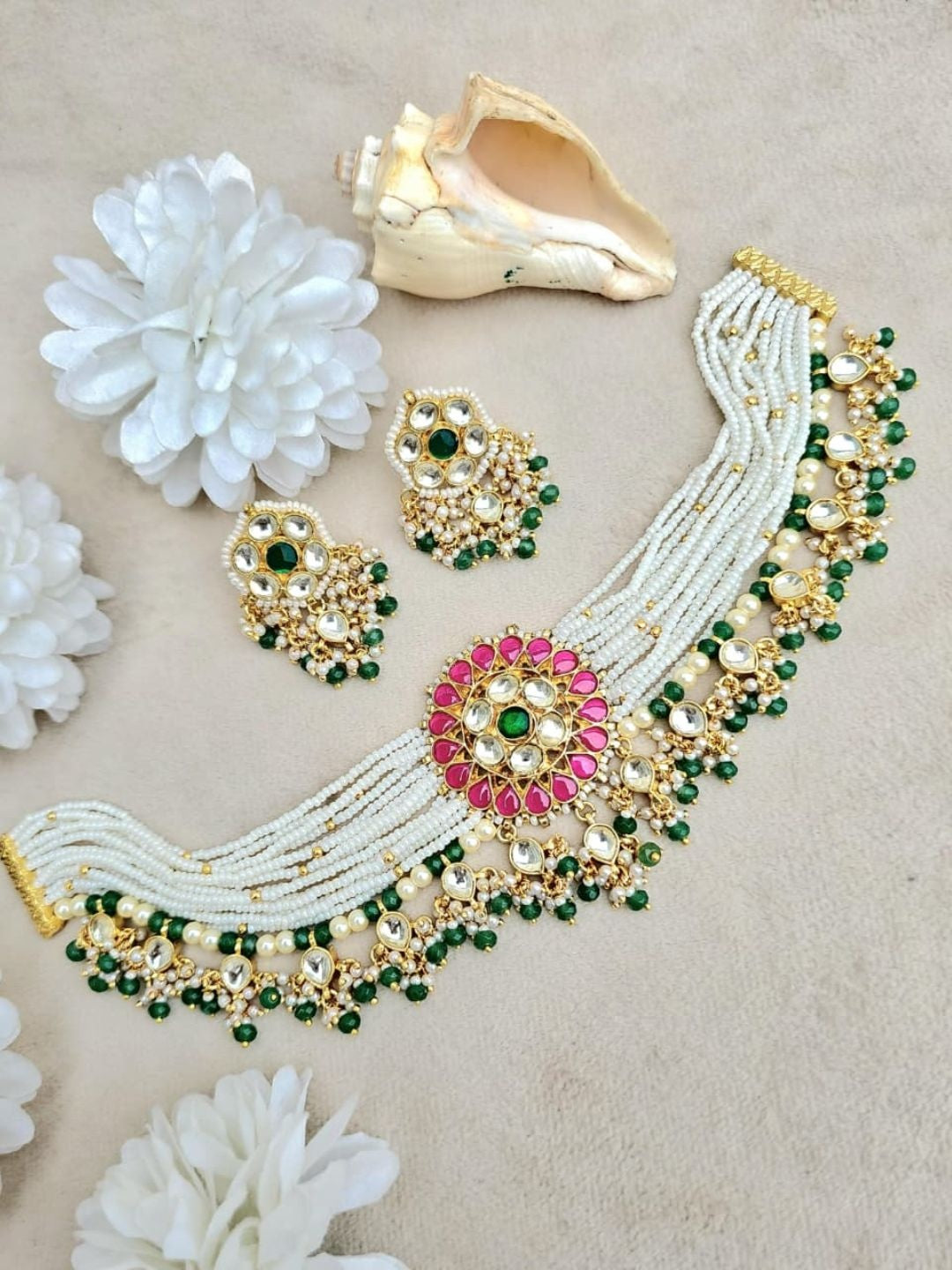 Ishhaara Pearl Green Pink Layered Necklace Set - handcrafted Indian jewellery