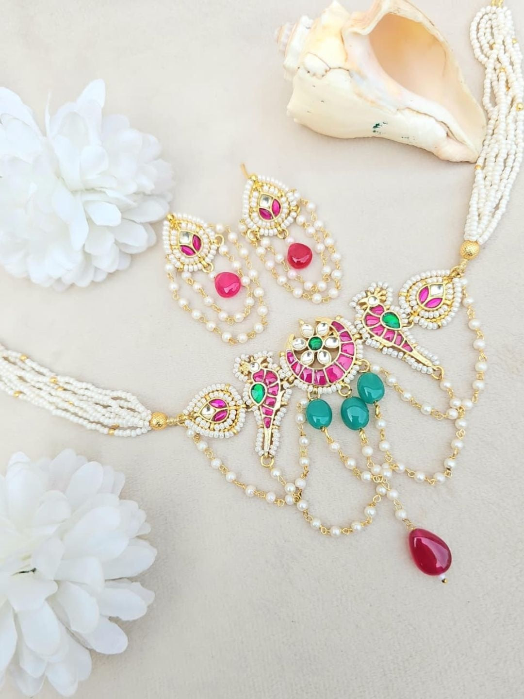 Ishhaara Pearl Kundan Cascade Necklace Set - handcrafted Indian jewellery
