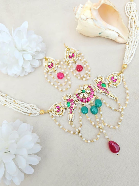 Ishhaara Pearl Kundan Cascade Necklace Set - handcrafted Indian jewellery