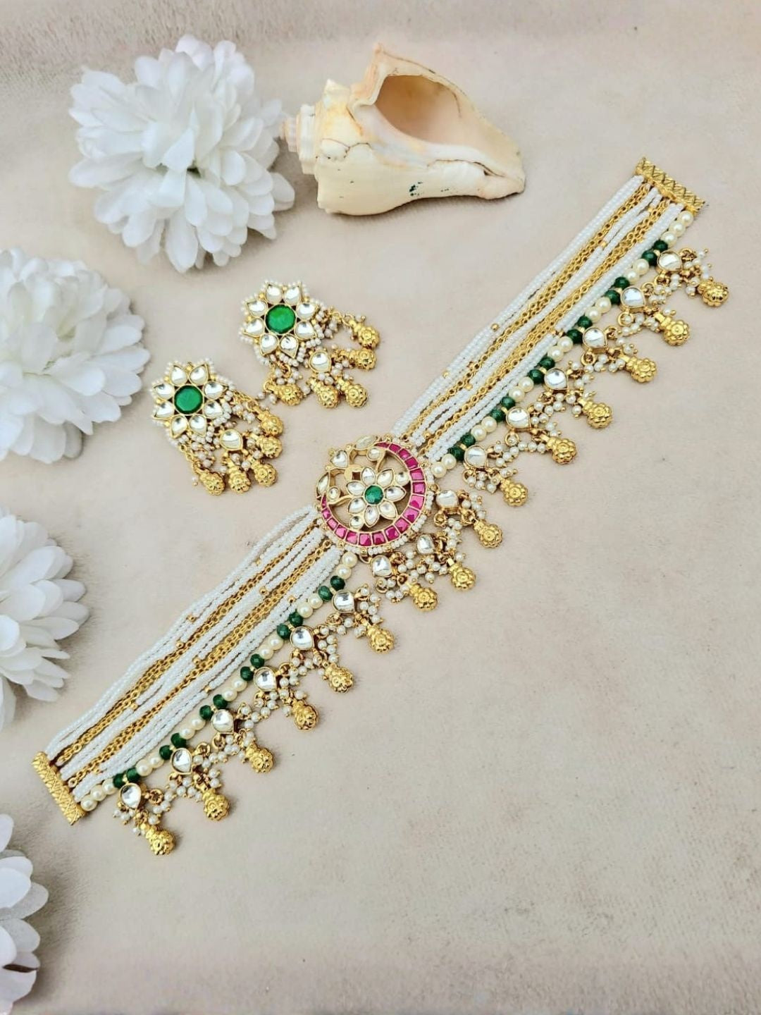 Ishhaara Pearl Kundan Choker with Floral Pendant & Bead Fringe
