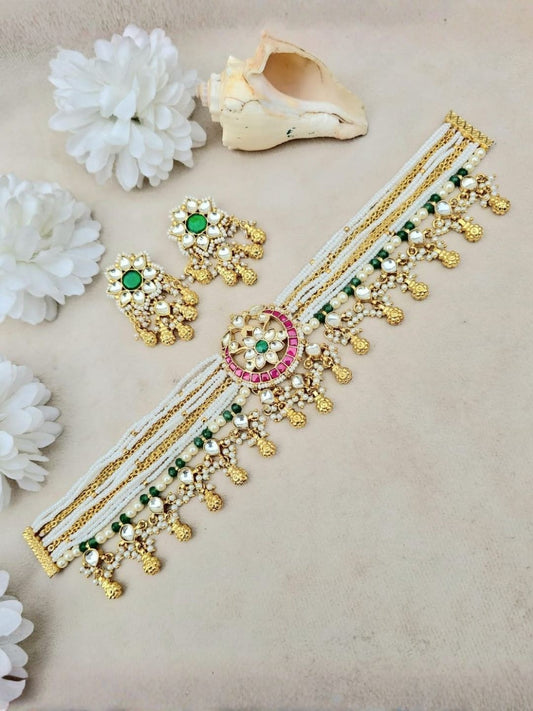 Ishhaara Pearl Kundan Choker with Floral Pendant & Bead Fringe
