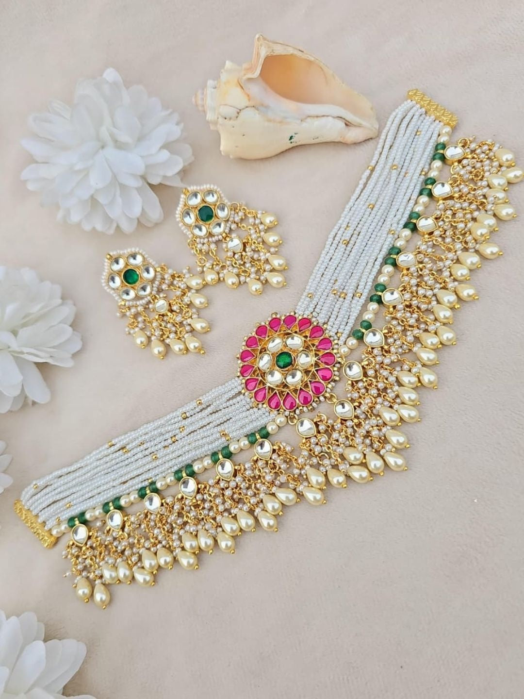 Ishhaara Pearl Kundan Choker with Floral Pendant & Pearl Fringe