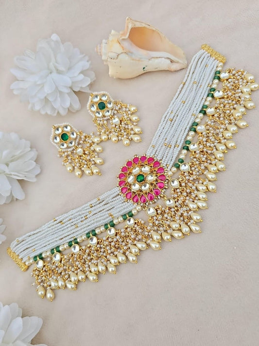 Ishhaara Pearl Kundan Choker with Floral Pendant & Pearl Fringe