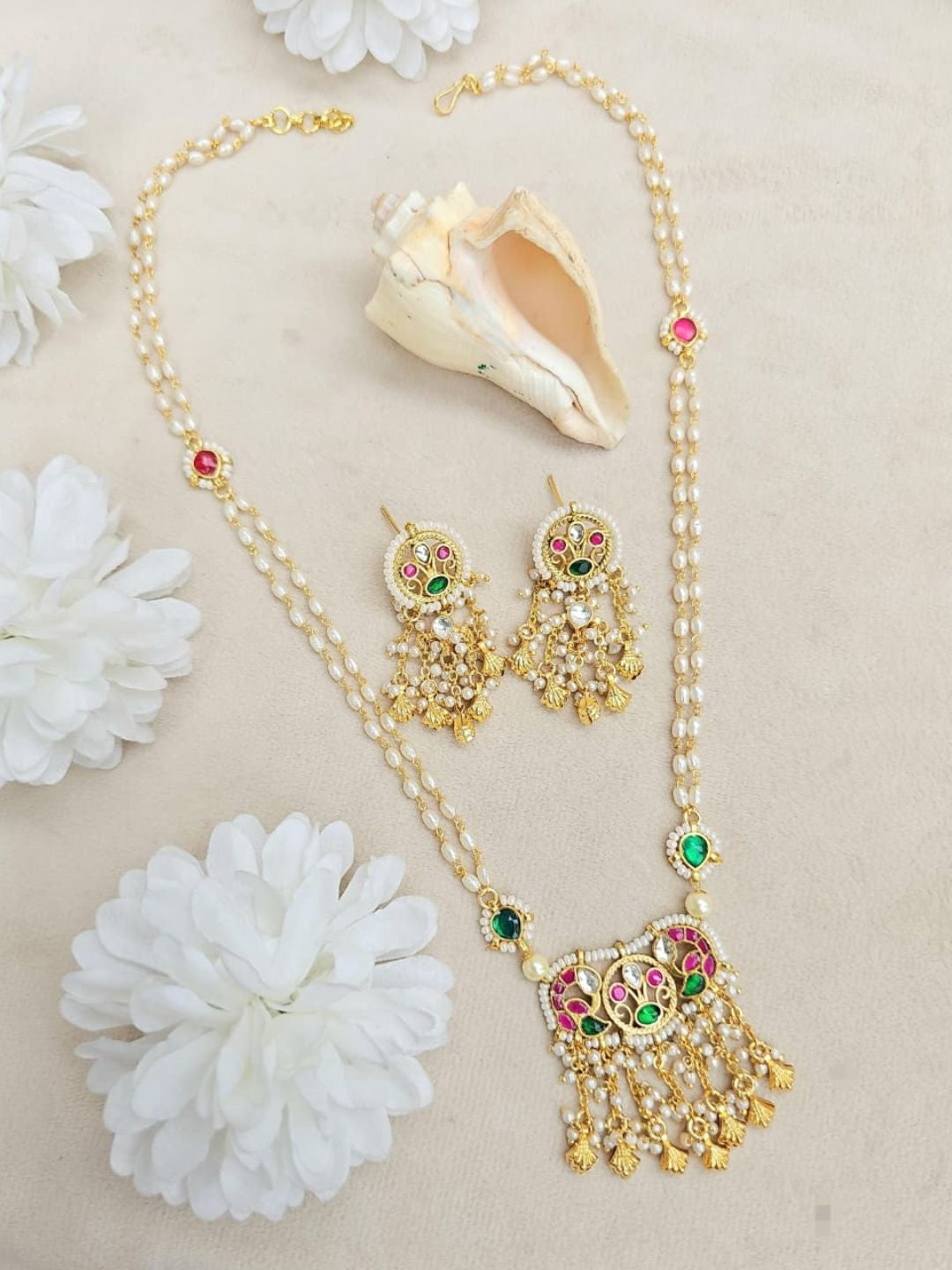 Ishhaara Pearl Kundan Necklace Earrings Set - handcrafted Indian jewellery