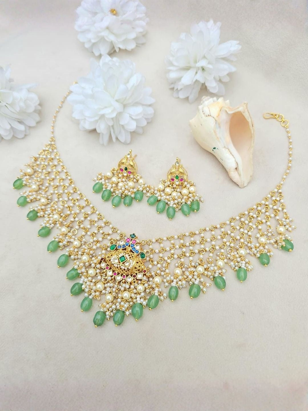 Ishhaara Pearl Kundan Necklace with Mint Bead Drops & Earring Set