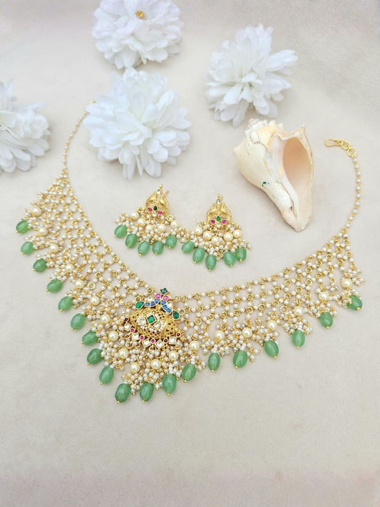 Ishhaara Pearl Kundan Necklace with Mint Bead Drops & Earring Set