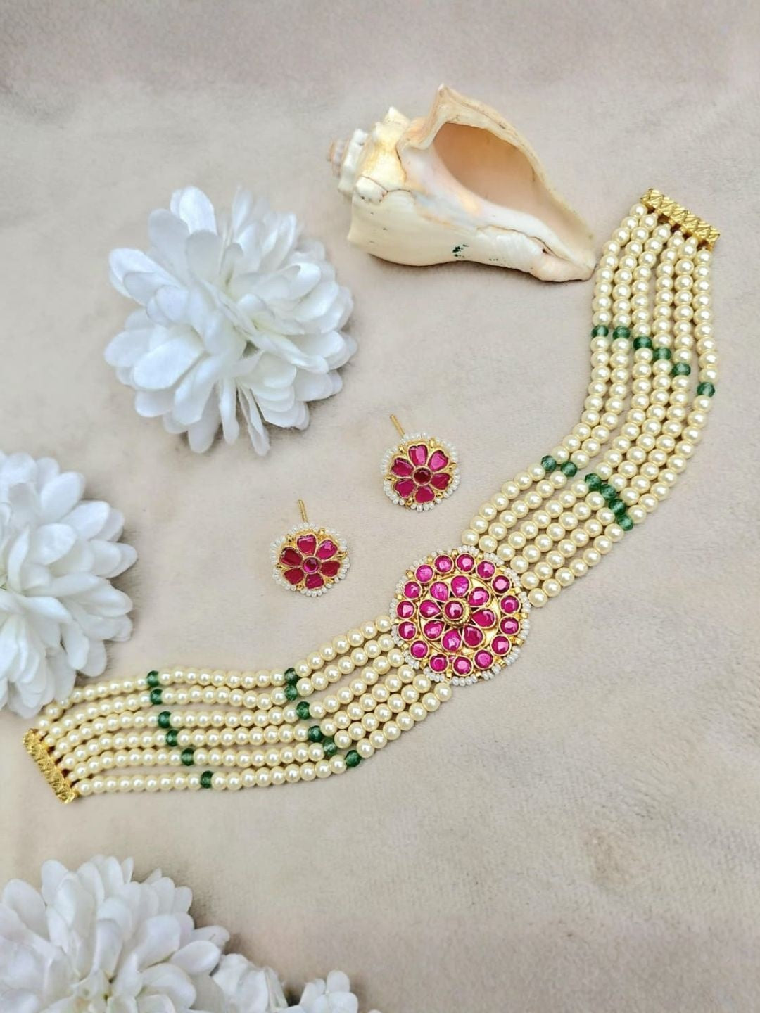 Ishhaara Pearl Kundan Pink Floral Necklace Set - handcrafted Indian jewellery