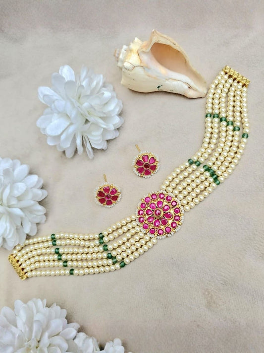 Ishhaara Pearl Kundan Pink Floral Necklace Set - handcrafted Indian jewellery