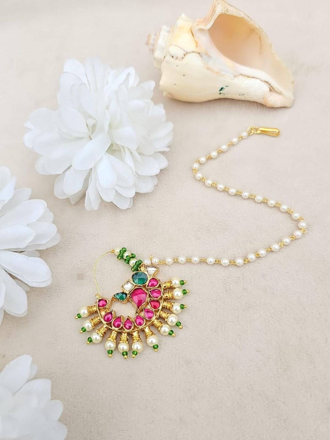 Ishhaara Pearl Layered Kundan Nath - handcrafted Indian jewellery