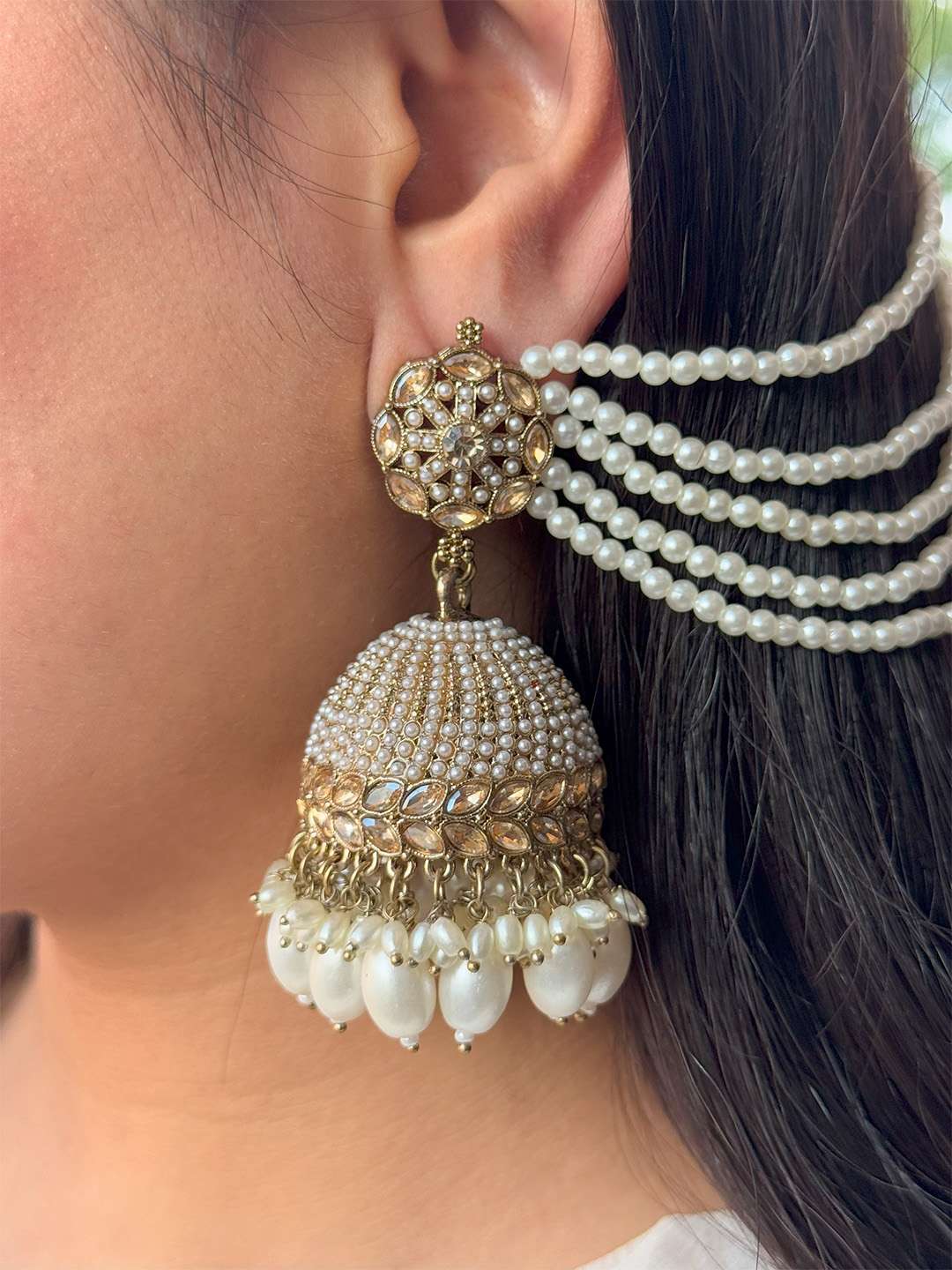 Ishhaara Pearl Studded Jhumka Earrings With Earchain