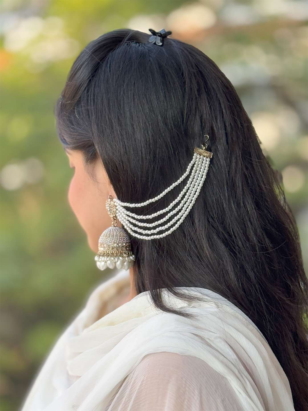 Ishhaara Pearl Studded Jhumka Earrings With Earchain