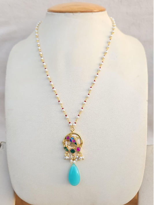Ishhaara Pearl Turquoise Pendant Necklace - handcrafted Indian jewellery