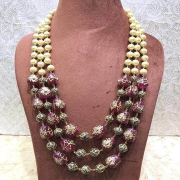 Ishhaara Pink 3 Layered Pearl Semi Prescious Necklace