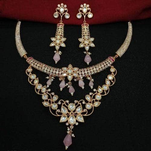 Ishhaara Pink Ad Stone Kundan Leaf Necklace Set