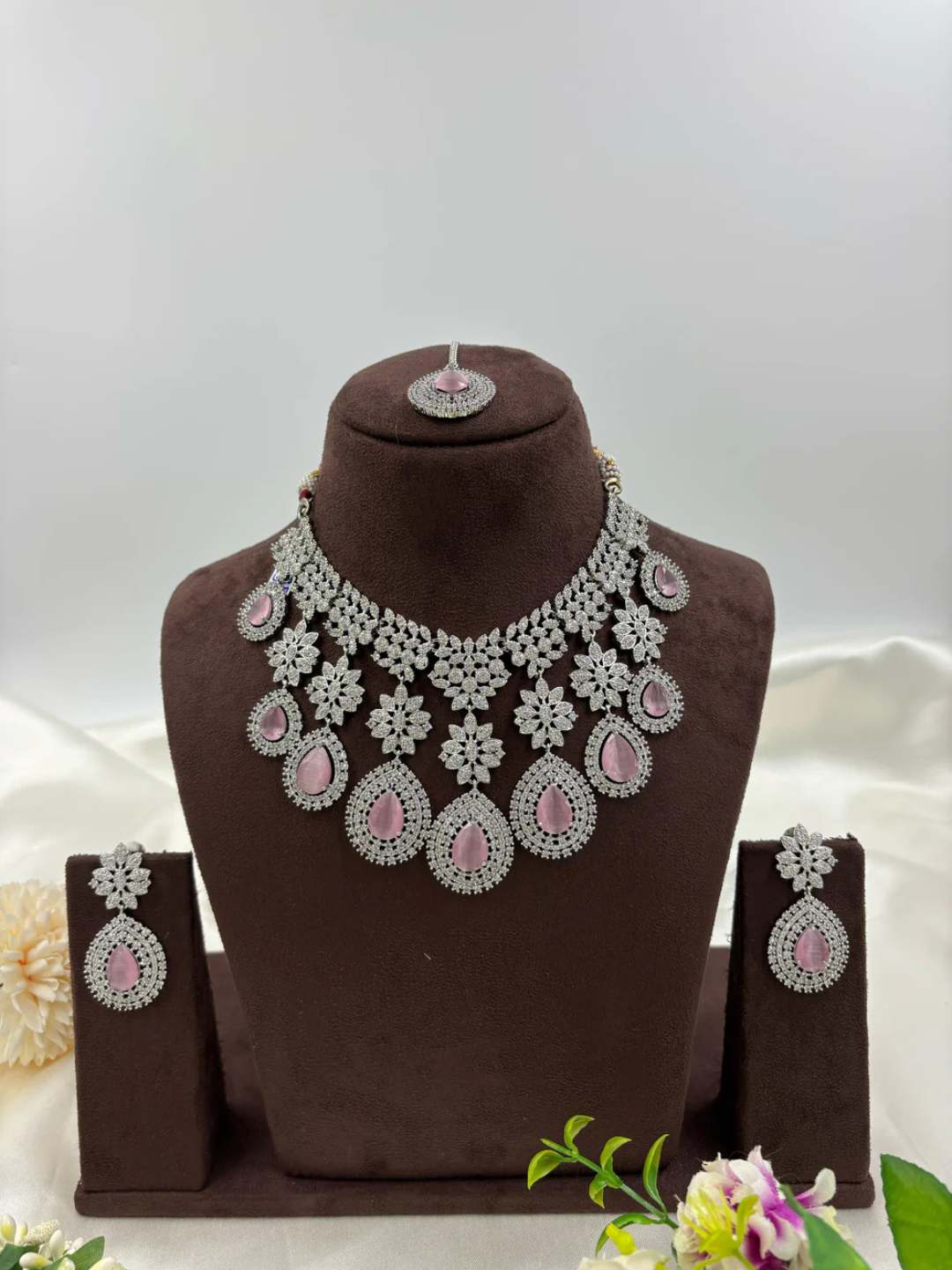 Ishhaara Pink American Floral Drop Necklace Set