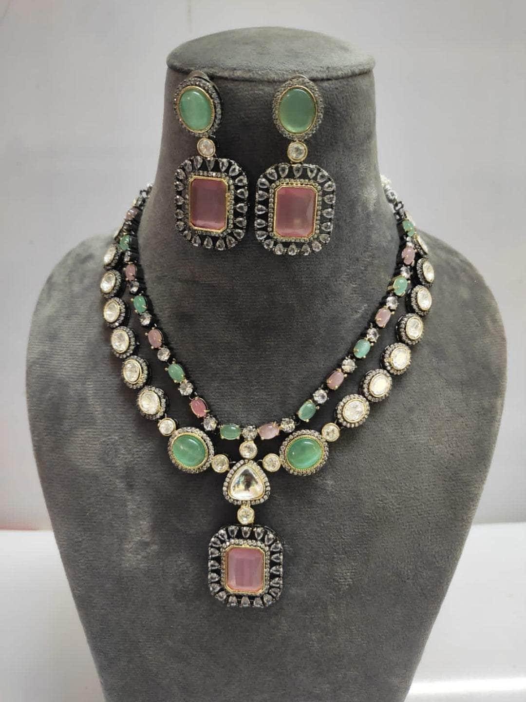 Ishhaara Pink and Blue Double Layered Kundan Polki Necklace